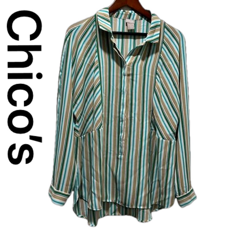 📻CHICO’S stripped green blouse size 3 GUC